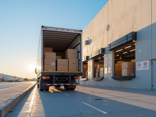 大型电动卡车,绿色车身,流线型设计,货箱开放,工厂门口停放,工业环境背景