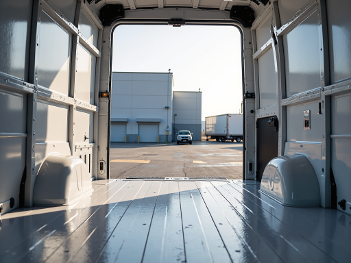 中型电动卡车,蓝色车身,驾驶室宽敞,货箱封闭,停车场停放,晴天拍摄